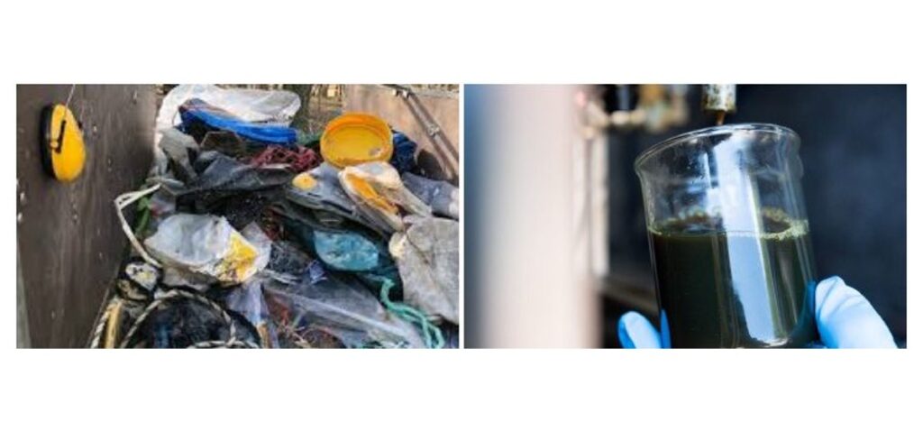 Residuos plásticos antes y después de someterse al tratamiento de reciclaje químico WASTX Plastic.