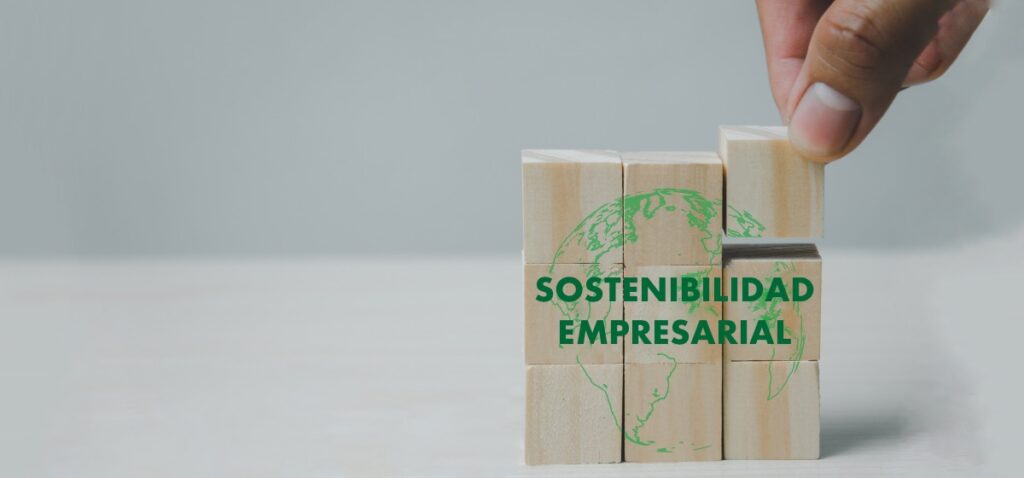 Cubos de madera con serigrafía del globo terráqueo y el texto sostenibilidad empresarial